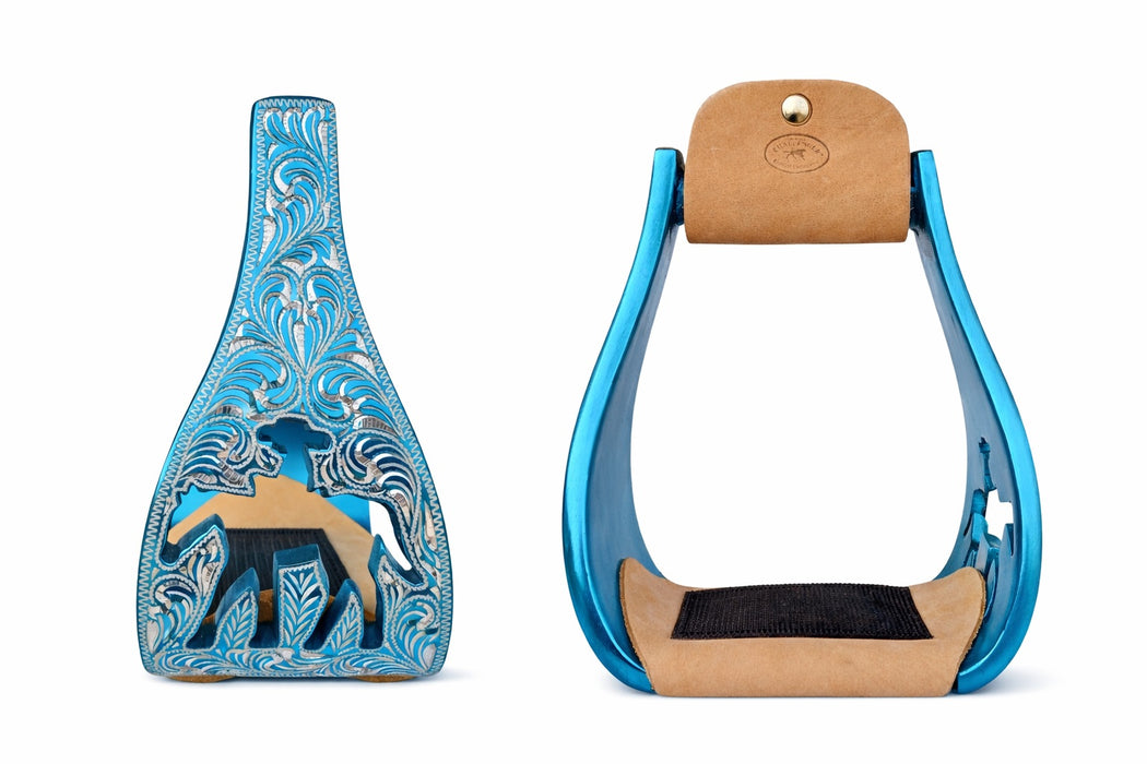 Horse Western Saddle Turquoise Aluminium Bell Engraved Cut-Out Stirrups 51146v