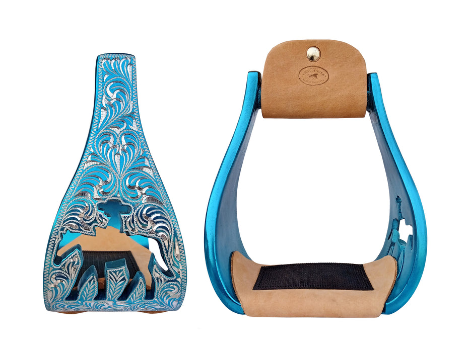 Horse Western Saddle Turquoise Aluminium Bell Engraved Cut-Out Stirrups 51146v