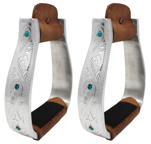 Challenger Western Saddle Engraved Trail Riding Stirrups w/ Turquoise Rhinestones 51147