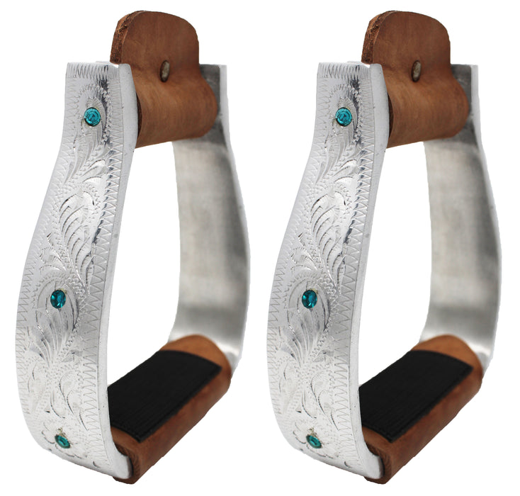 Challenger Western Saddle Engraved Trail Riding Stirrups w/ Turquoise Rhinestones 51147