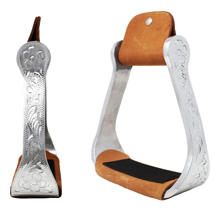 Horse Saddle Engraved Aluminum Western Riding Barrel Stirrups Tan Leather 51156