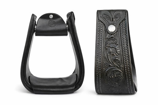 Horse Black Leather Floral Tooled Offset Western Saddle Stirrups 51173BK