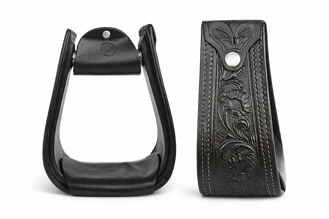 Horse Black Leather Floral Tooled Offset Western Saddle Stirrups 51173BK