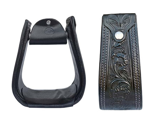 Horse Black Leather Floral Tooled Offset Western Saddle Stirrups 51173BK