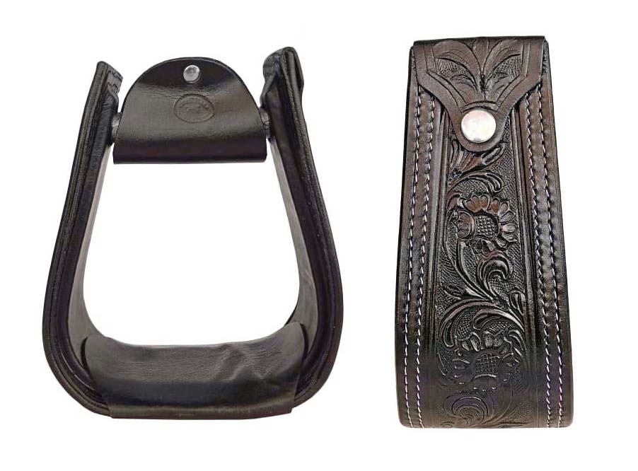 Horse Western Saddle Tack Floral Hand Tooled Leather Covered Stirrups 51173