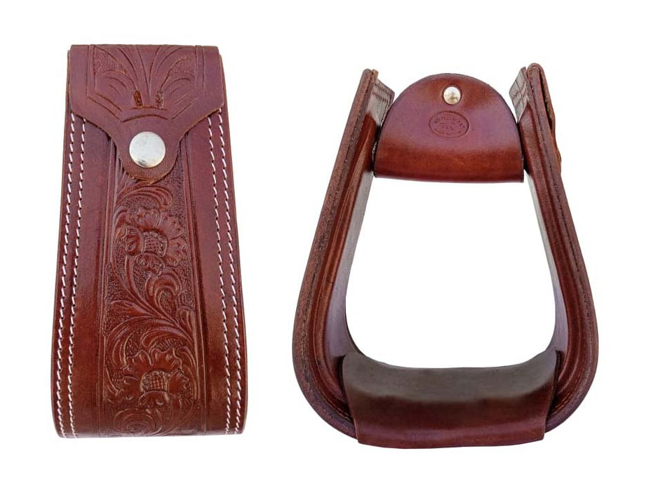 Horse Western Saddle Tack Floral Hand Tooled Leather Covered Stirrups 51173