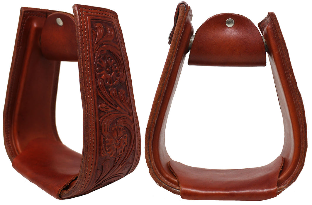 Horse Western Saddle Tack Floral Hand Tooled Leather Covered Stirrups 51173
