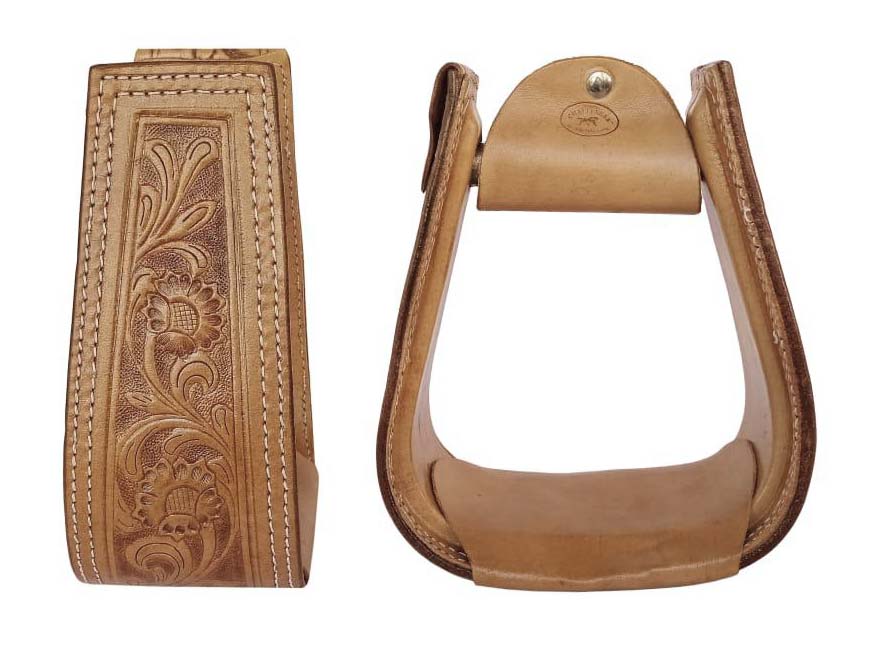 Horse Western Saddle Tack Floral Hand Tooled Leather Covered Stirrups 51173