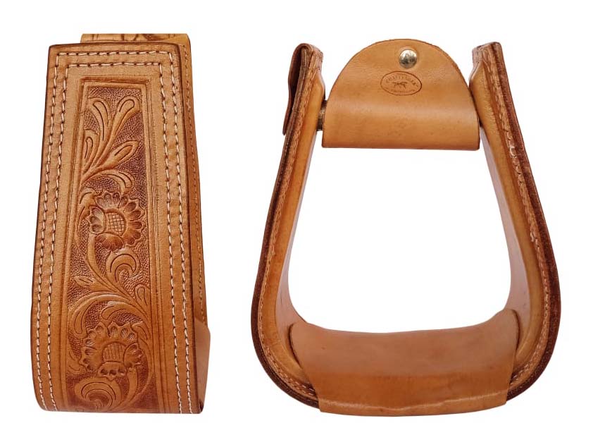 Horse Western Saddle Tack Floral Hand Tooled Leather Covered Stirrups 51173