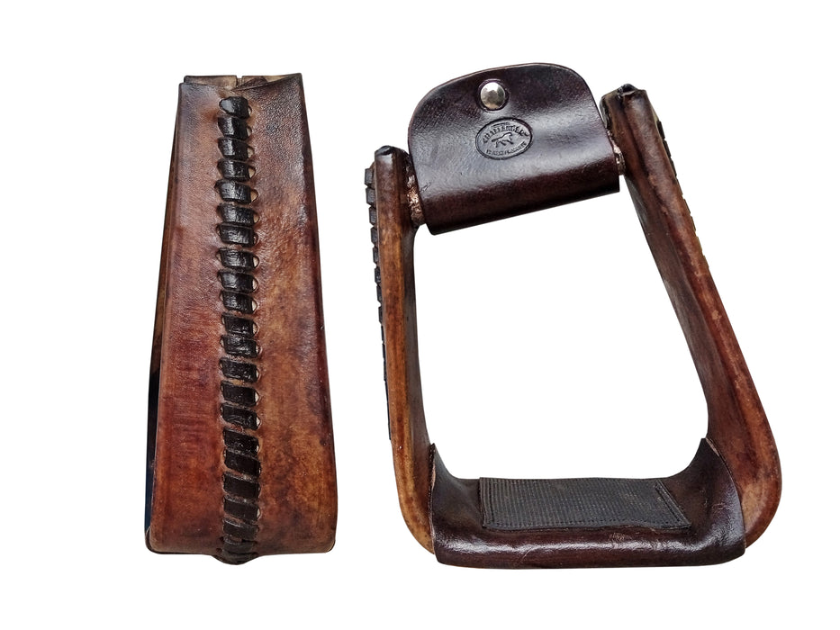 Horse Western Saddle Angled Roper Stirrups Rawhide Leather Covered 5" Wide Roper Stirrups with Rubber Grip Tread 51174V