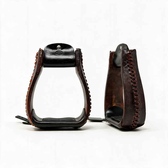 Horse Western 5" Wide Brown Rawhide Covered Aluminum Saddle Roper Stirrups Tack 51175BR