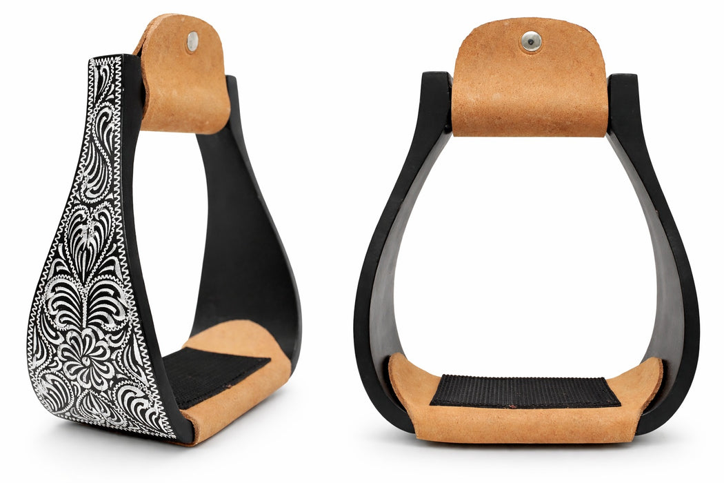 Challenger 4-7/8" Wide Western Black Engraved Aluminum Horse Bell Stirrups Black 51178
