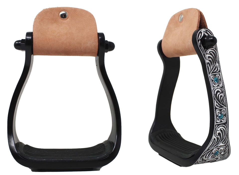 Horse Western Black Engraved Rhinestone Barrel Racing Aluminum Show Stirrups 51179v