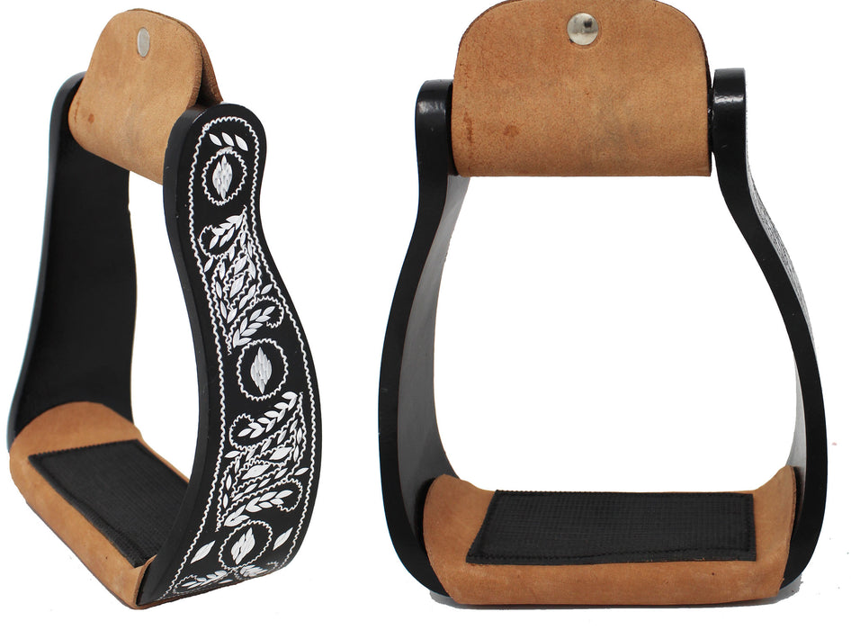 Challenger Black Western Horse Saddle Engraved Offset Aluminum Stirrups 51181