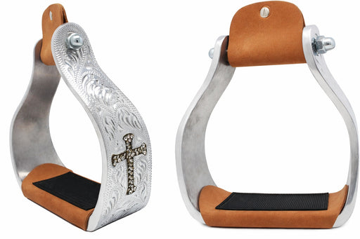 Horse Saddle Stirrups Western Aluminium Twisted Engraved Rhinestone Cross 51189