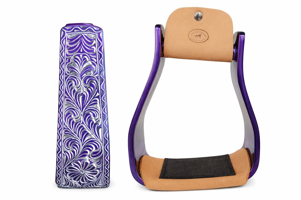 Horse Western 5" Wide Purple Engraved Aluminum Slanted Angled Show Stirrups 51194PR