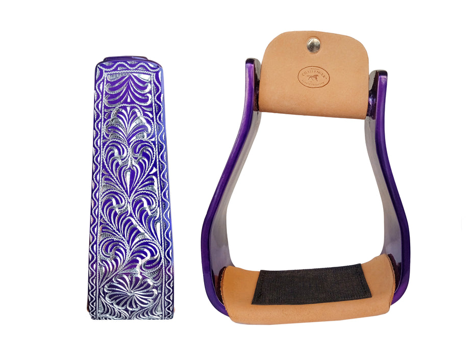 Horse Western 5" Wide Purple Engraved Aluminum Slanted Angled Show Stirrups 51194PR