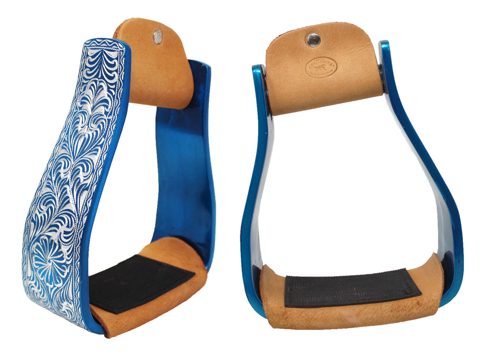 Horse Western 5" Wide Turquoise Engraved Aluminum Slanted Angled Show Stirrups 51194TR