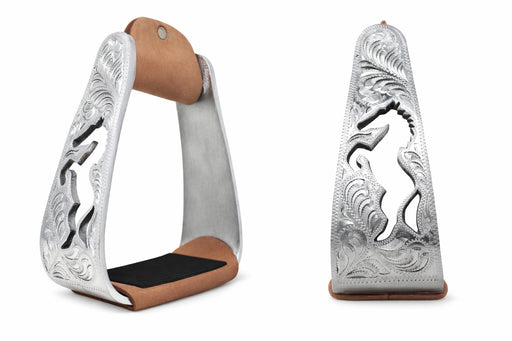 Horse Saddle Stirrups Western Lightweight Aluminum Angled Engraved Standing Horse Cut-Out 51205