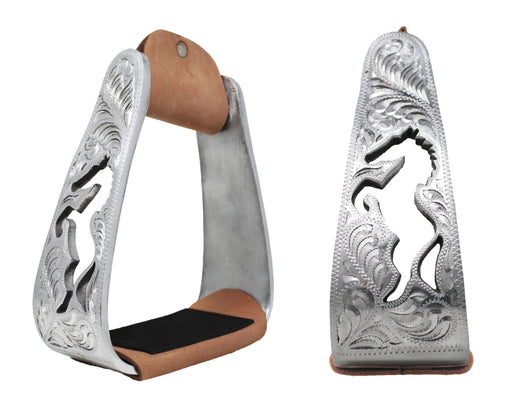 Horse Saddle Stirrups Western Lightweight Aluminum Angled Engraved Standing Horse Cut-Out 51205