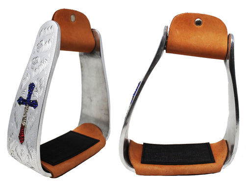 Horse Saddle Stirrup Pair Western Aluminium Cross Engraved Saddle Rhinestones 51207V