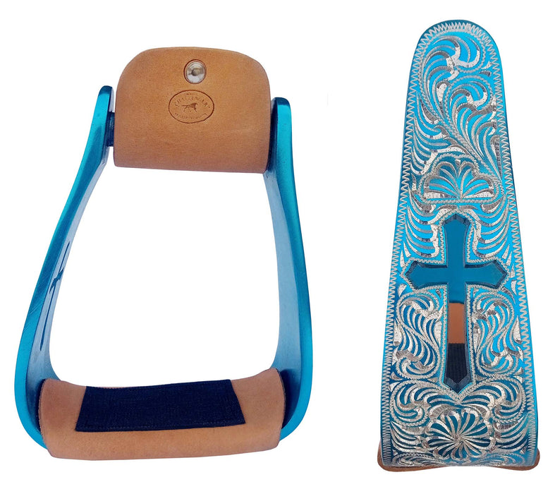 Horse Saddle Stirrups Western Lightweight Aluminum Engraved Cross Cut-Out 51211