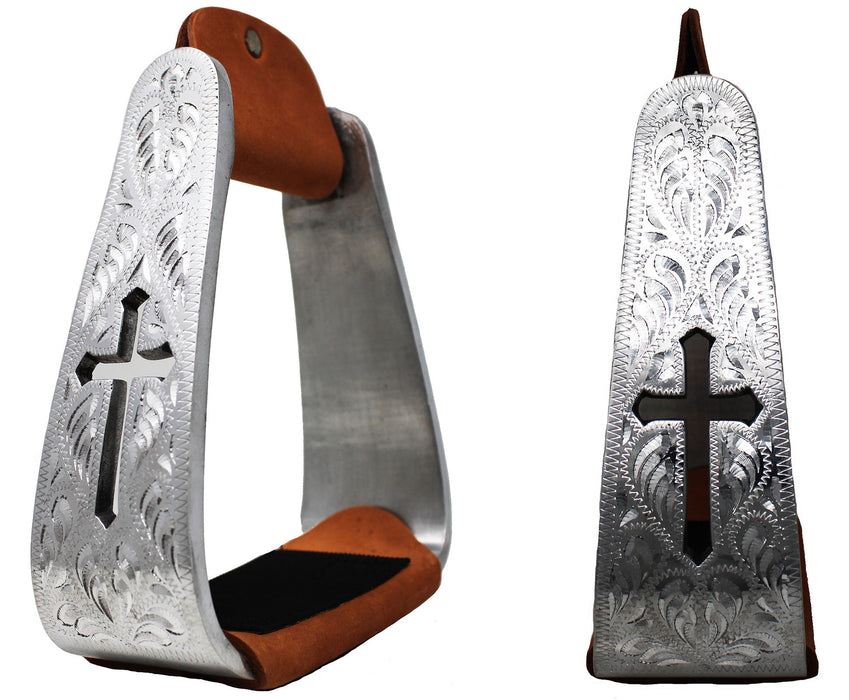 Horse Saddle Stirrups Western Lightweight Aluminum Engraved Cross Cut-Out 51211