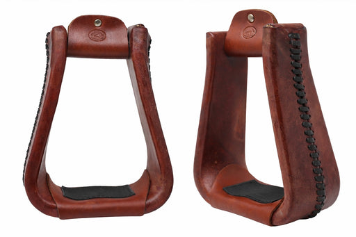 Horse Saddle Stirrups Western Brown Rawhide Covered Bell Riding Mahogany Red 51217