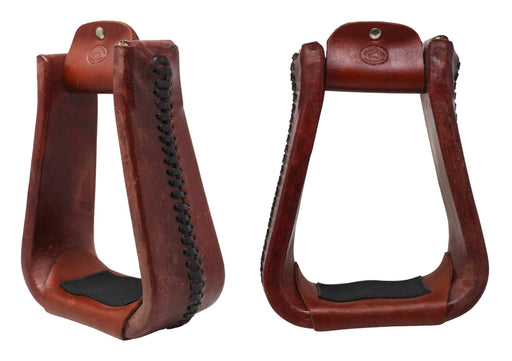 Horse Saddle Stirrups Western Brown Rawhide Covered Bell Riding Mahogany Red 51217