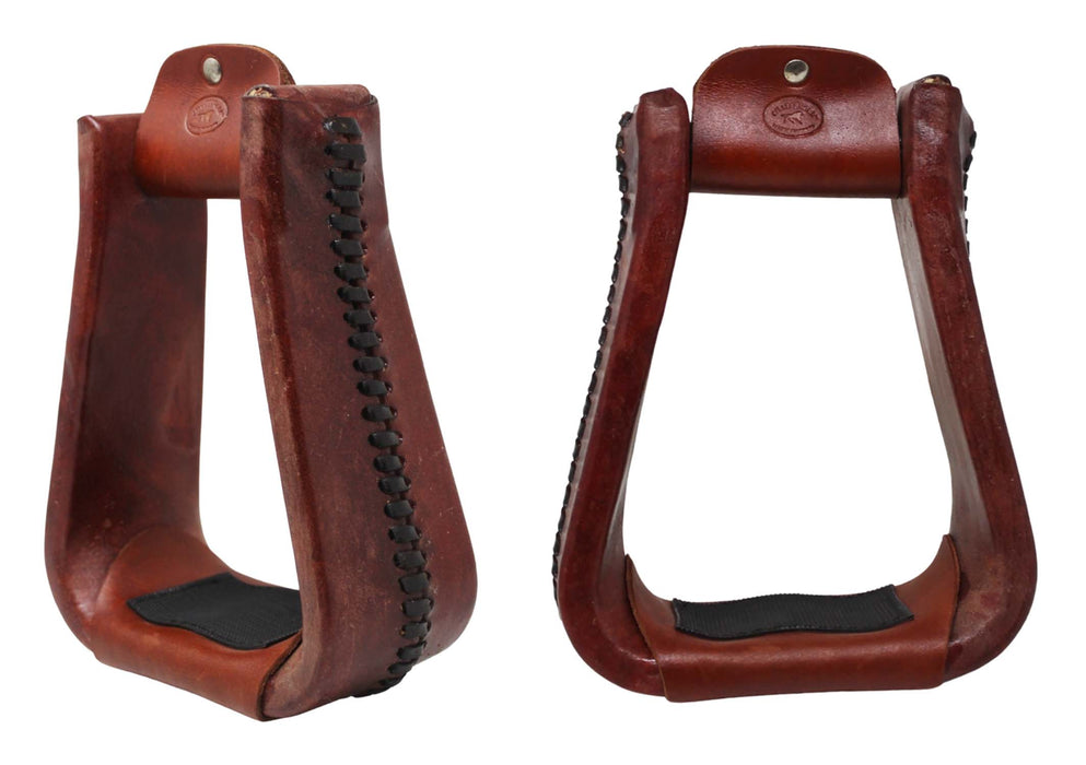 Horse Saddle Stirrups Western Brown Rawhide Covered Bell Riding Mahogany Red 51217