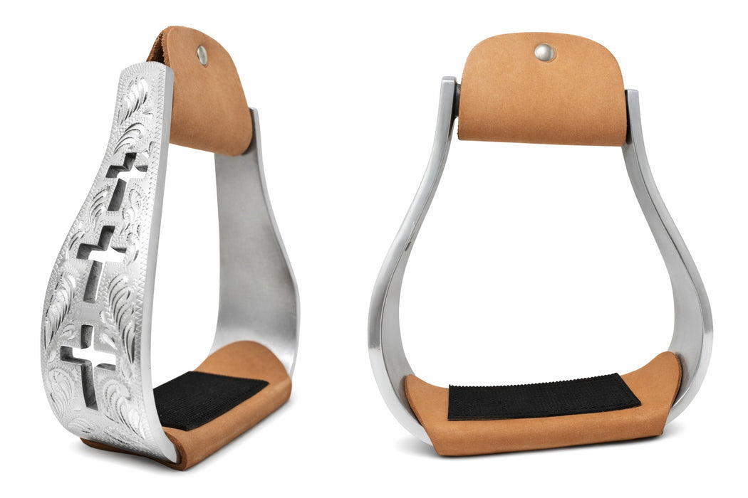 Horse Saddle Stirrups Western Cross Engraved Angled Aluminum Stirups Knee 51218