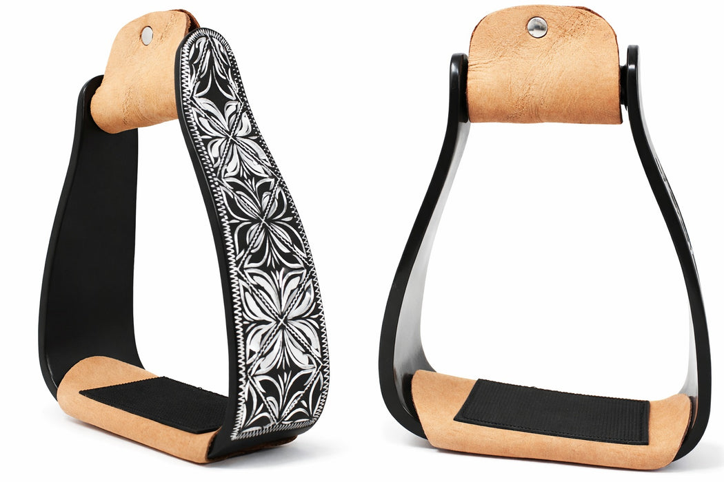 Horse 5" Black Aluminum Engraved Slanted Offset Western Horse Saddle Stirrups 51220
