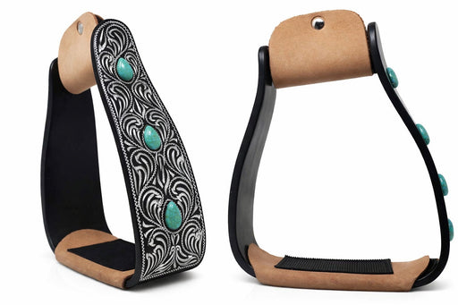 Horse 5" Black Slanted Offset Angled Saddle Stirrups Green Turquoise Stone 51225