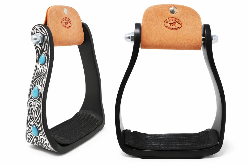 Horse 5" Black Aluminum Engraved Barrel Racing Saddle Stirrups with Turquoise Stones 51230