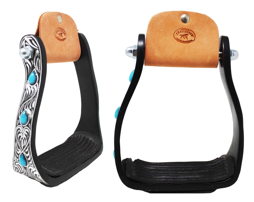 Horse 5" Black Aluminum Engraved Barrel Racing Saddle Stirrups with Turquoise Stones 51230