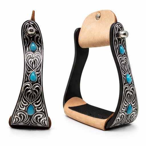 Horse 5" Black Aluminum Engraved Barrel Racing Stirrups w/ Turquoise Stones 51230L