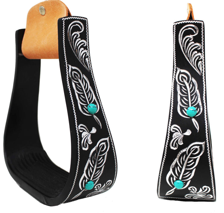 Horse 5" Black Aluminum Feather Engraved Western Horse Saddle Stirrups 51231