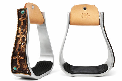 Horse Western 5" Wide Barrel Racer Aluminum Copper Cross Engraved Show Stirrups 51233