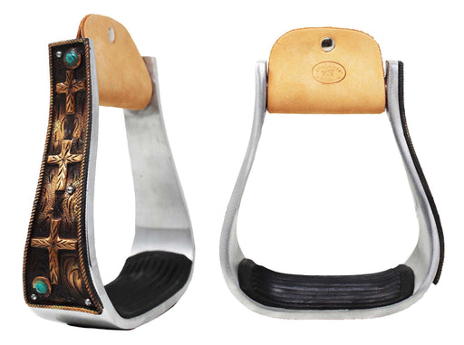 Horse Western 5" Wide Barrel Racer Aluminum Copper Cross Engraved Show Stirrups 51233