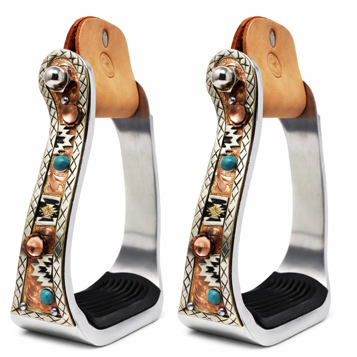 Horse Western 5" Wide Turquoise Stone ALUMINUM COPPER Barrel Stirrups 51237