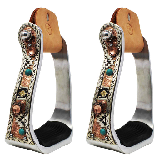 Horse Western 5" Wide Turquoise Stone ALUMINUM COPPER Barrel Stirrups 51237