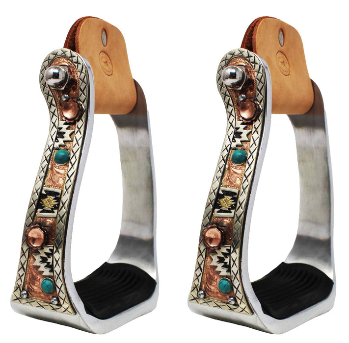 Horse Western 5" Wide Turquoise Stone ALUMINUM COPPER Barrel Stirrups 51237