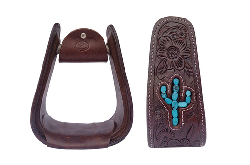 Horse Western Turquoise Cactus Tooled Leather Covered Saddle Stirrups 51238