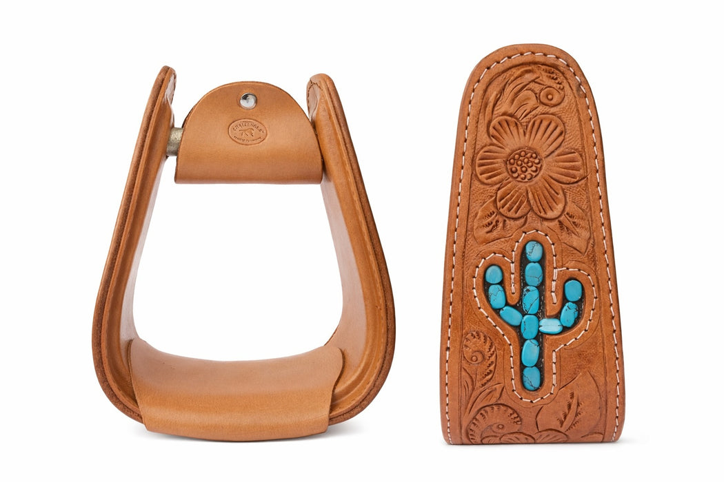 Horse Western Turquoise Cactus Tooled Leather Covered Saddle Stirrups 51238