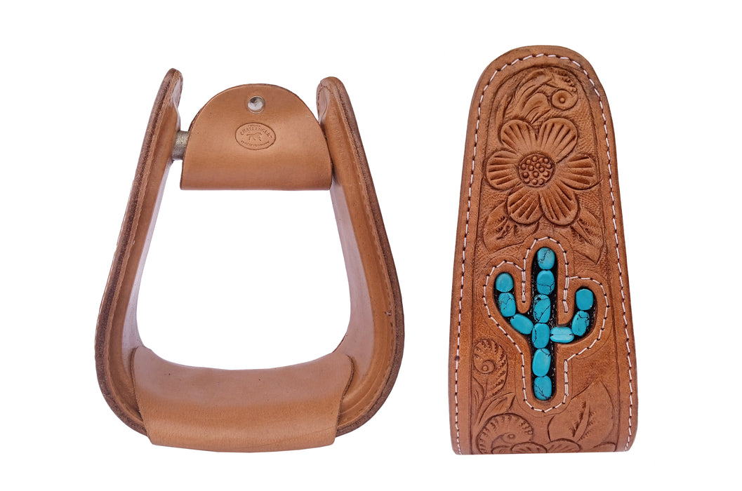 Horse Western Turquoise Cactus Tooled Leather Covered Saddle Stirrups 51238