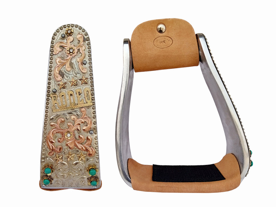 Horse Western Saddle Rodeo Floral Engraved Turquoise Stone Angled Stirrups 51246