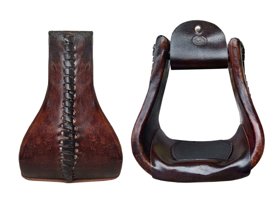 Horse Western 5" Wide Saddle Brown Rawhide Covered Bell Saddle Stirrups 51247