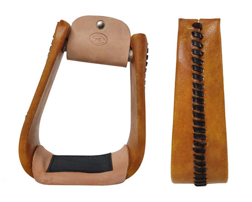Western 5" Wide Tan Rawhide Covered Angled Saddle Stirrups 51250TN