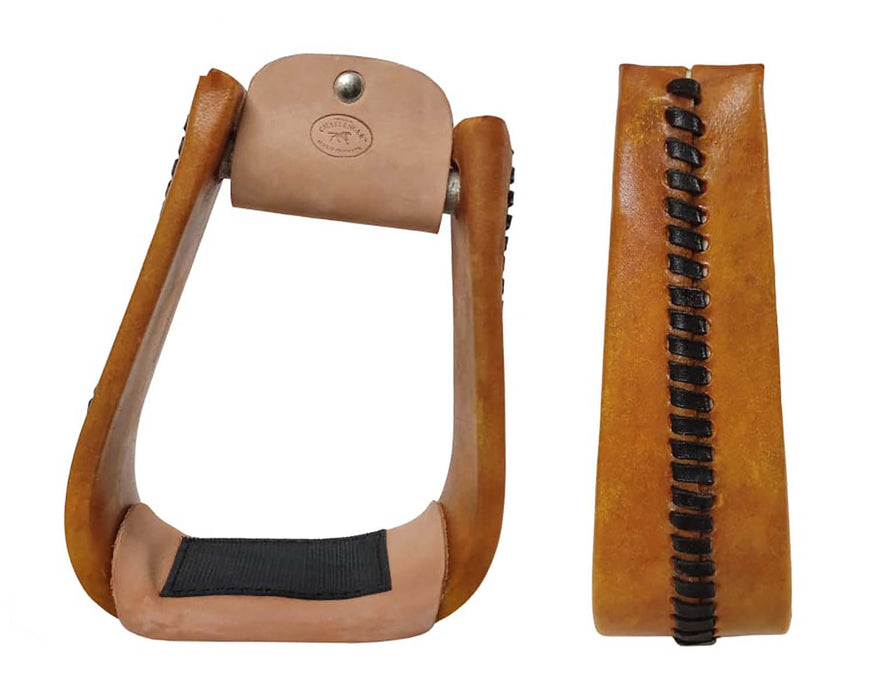 Western 5" Wide Tan Rawhide Covered Angled Saddle Stirrups 51250TN