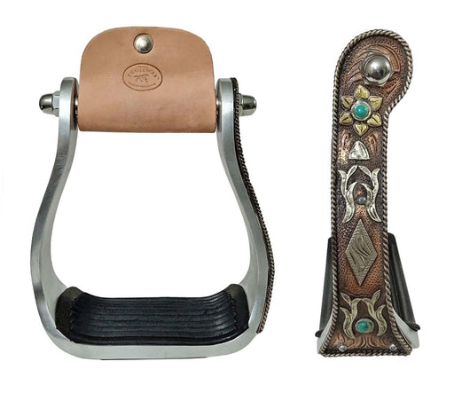 Western Copper Engraved Floral Turquoise Rhinestone Barrel Racing Aluminum Stirrups 51251